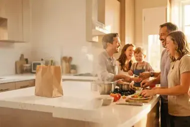 Split image showing a modern kitchen with a takeout bag on one side and a happy family cooking together on the other