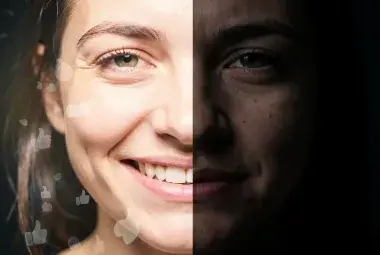 Split portrait of a person's face, one half with a forced smile and digital filter glow, the other half shadowed and, representing the toxic positivity of the happiness industry