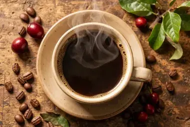 Steaming cup of coffee with fresh cherries and beans representing coffee's fruit origins