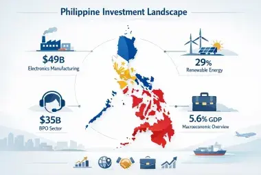 Stylized map of the Philippines with clean infographic icons representing key data on BPO, renewable energy, electronics manufacturing, and GDP growth, symbolizing a comprehensive, data-driven investment guide for foreign investors