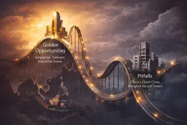 Stylized rollercoaster track rising and falling over a faint map of Asia, with a gleaming skyscraper at the peak and a cracked, empty building at a low point, symbolizing the golden opportunities and pitfalls in Asia's real estate market
