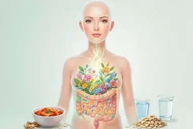 Stylized silhouette of a human torso and face, with a vibrant, flourishing garden inside the gut and glowing energy lines flowing to radiant, healthy skin, symbolizing the gut-skin axis and probiotic-powered anti-aging