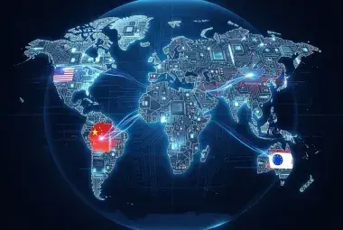 Stylized world map made of circuit boards and data streams, with U.S., EU, China, and ASEAN flags, illustrating global AI regulation competition and power rankings
