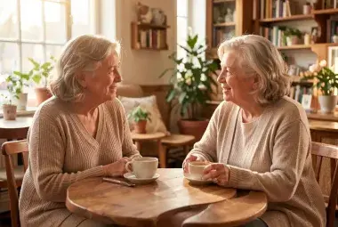 Two women thoughtfully discussing menopause and health choices in a warm setting