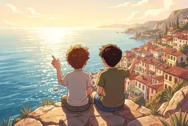 Two young friends sitting on a cliff overlooking the sea, symbolizing the courage of curiosity and the power of friendship in "Luca."