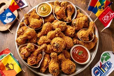 Variety of global fried chicken styles on a platter representing international competition
