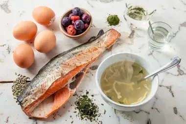 Vibrant flat-lay of collagen-boosting whole foods including salmon, eggs, Kakadu plums, bone broth, and spirulina, representing the science-backed collagen diet for aging skin