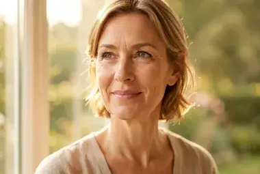 Warm portrait of a confident middle-aged woman with a gentle smile, natural lighting, representing dignity and openness about menopause