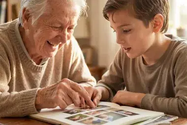 Warm, intimate close-up of an older person's weathered hand gently guiding a young person's hand as they look at a photo album together, with soft, natural light