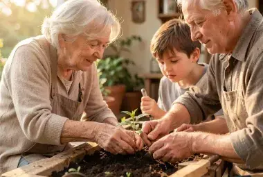 Warm, intimate photograph of an older person's hands gently guiding a young person's hands while planting a seedling, symbolizing the transfer of wisdom, purpose, and intergenerational connection that can heal a fractured society