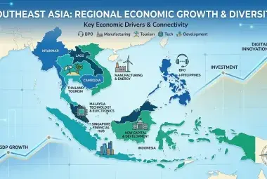 Southeast Asia map with economic icons representing key sectors in Philippines, Vietnam, Thailand, Malaysia, and Indonesia for real estate and growth comparison