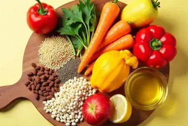 Variety of nutritious whole foods arranged on a table