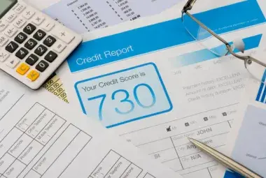 Credit score report with calculator on a desk
