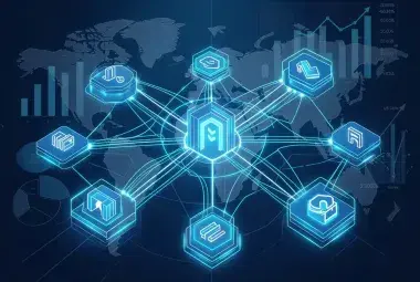 Stylized digital illustration of interconnected, glowing gateway icons (e-commerce, social media, streaming, SaaS) connected by data flow lines over subtle analytical graphs, representing the future of digital platform dominance and the global digital economy