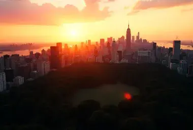 Skyline view of New York City with Central Park in the foreground at sunset
