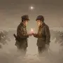 A British and a German soldier sharing a light in No Man's Land on a snowy night, symbolizing the forgotten humanity of the 1914 Christmas Truce.