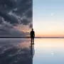 A calm human silhouette standing before a lake at dusk, with the sky split between a dark, stormy side and a bright, clear side, symbolizing the internal tug between what drains and what drives us