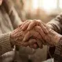A close-up of an older woman's hands gently holding the hands of an elderly person, symbolizing a lifetime of care and support