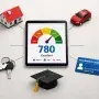 A smartphone displaying a high credit score surrounded by a toy house, car, and graduation cap, symbolizing its role as a gateway to financial opportunities.