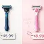 A split-image comparing a men's razor with a lower price tag to a women's razor with a higher price tag, symbolizing the gender pricing gap.