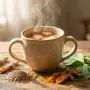A warm mug of ginger tea on a wooden table, surrounded by scattered ground flaxseeds, dried turmeric roots, and fresh malunggay leaves