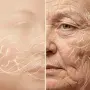 Scientific macro illustration comparing young, elastic skin structure with aging skin showing wrinkles and collagen loss, representing the science of skin aging after 40