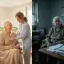 Split image contrasting a warm scene of an older person receiving dignified care in a bright home with a cooler scene of an older person alone with bills, representing Europe's elder care crisis and policy divide