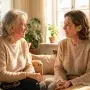 Two women of different generations having a warm, supportive conversation in a sunlit room, representing open dialogue about menopause